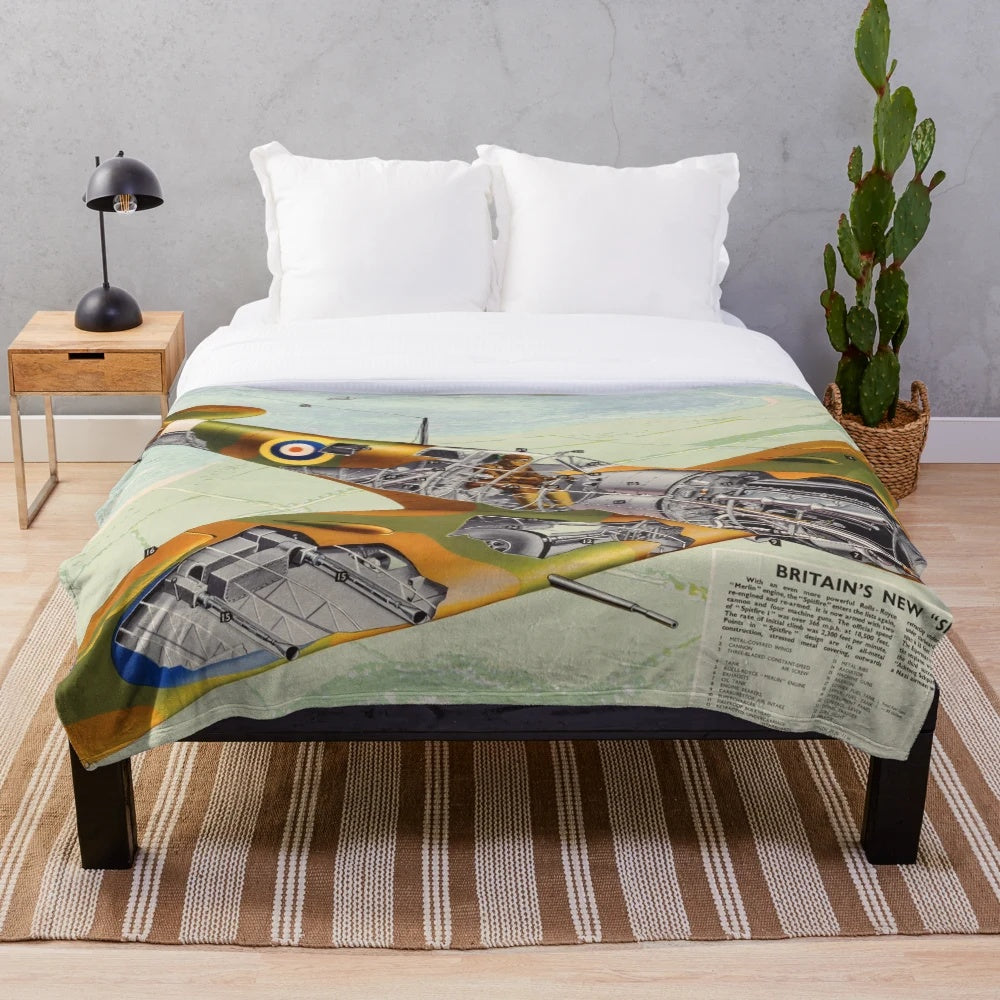 Soft and cozy plush blanket featuring the iconic WWII Spitfire aircraft