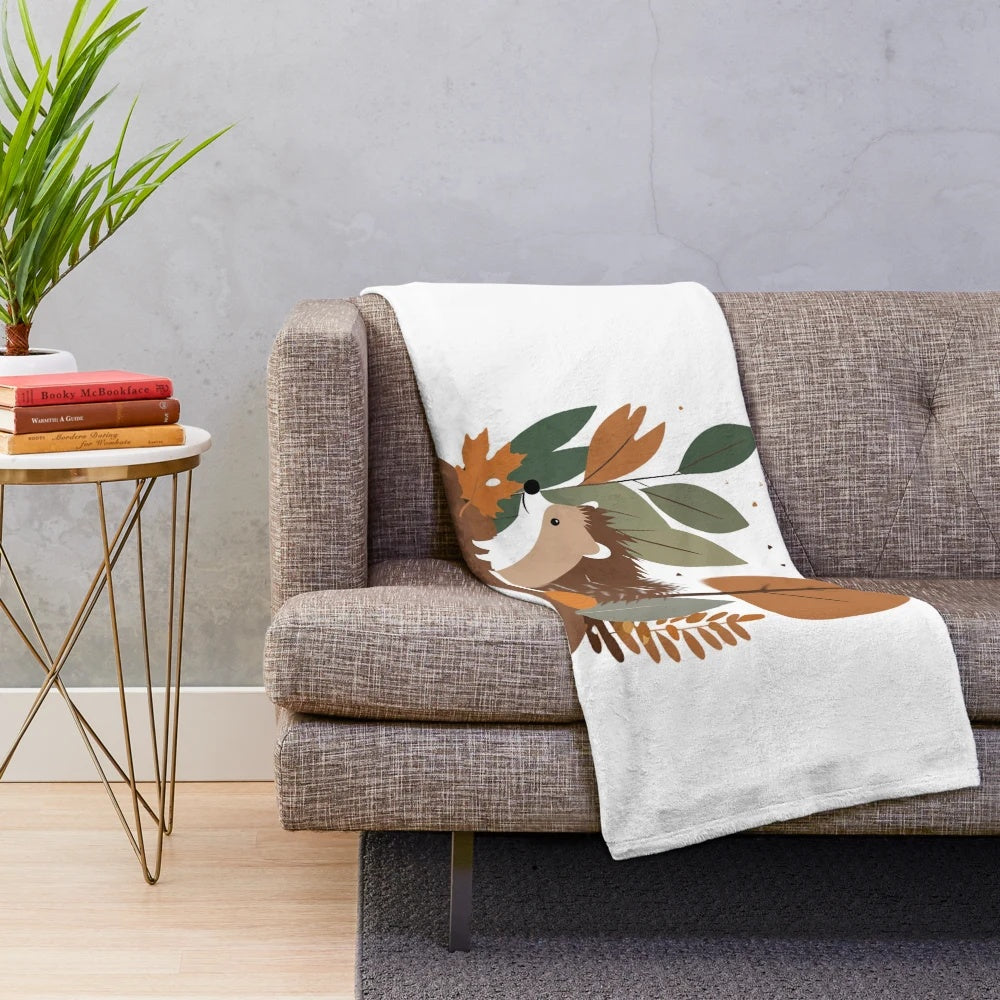 Autumn animal art plush blanket featuring a cute hedgehog in a fall forest scene