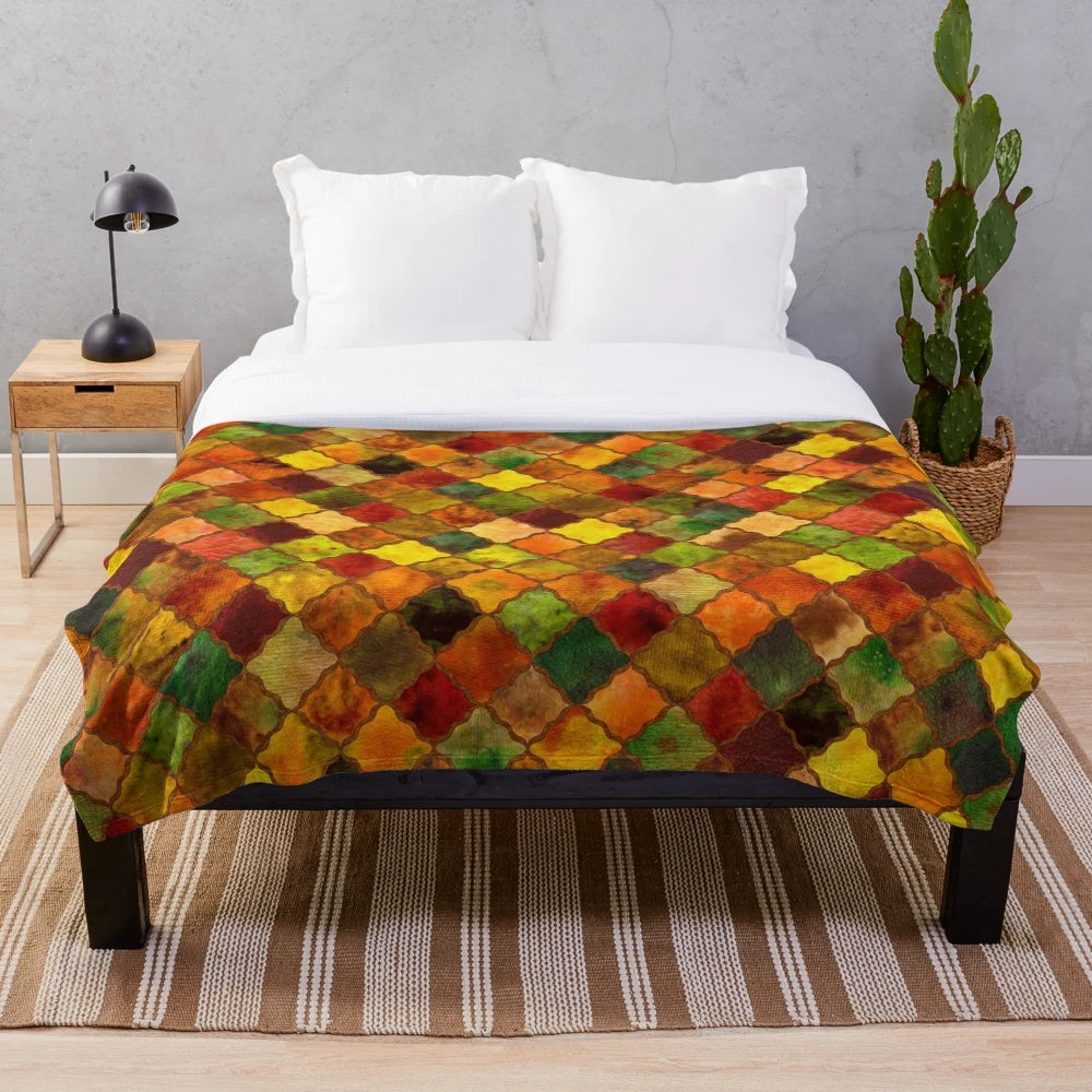 Autumn Arabesque Quilted Plush Blanket with Colorful Leaves and Arabesque Patterns