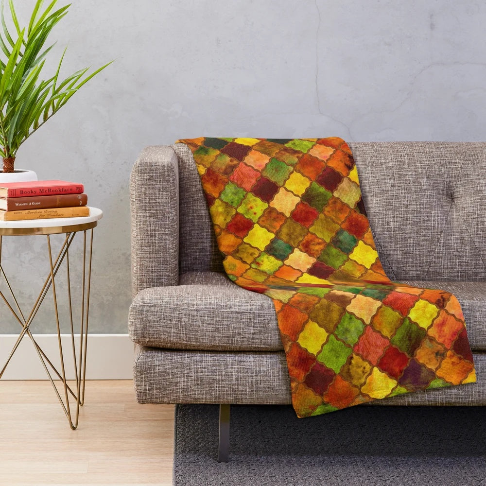 Autumn Arabesque Quilted Plush Blanket with Colorful Leaves and Arabesque Patterns