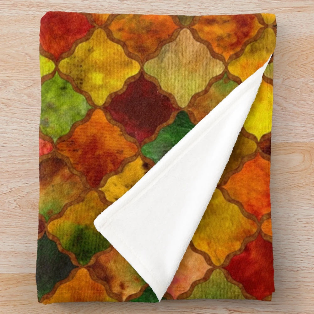 Autumn Arabesque Quilted Plush Blanket with Colorful Leaves and Arabesque Patterns