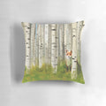 Decorative throw pillow featuring a red fox in an autumn birch forest landscape