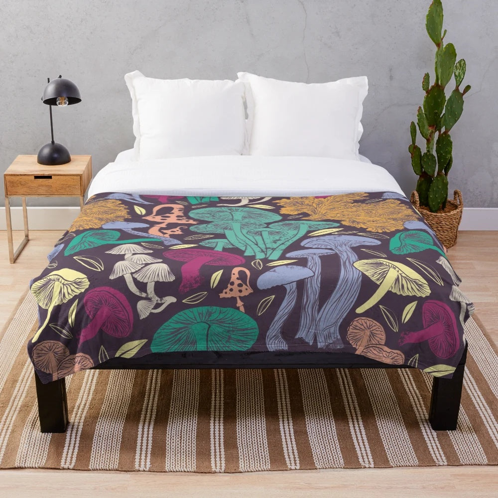 Autumn botanical plush blanket featuring poisonous mushroom illustrations