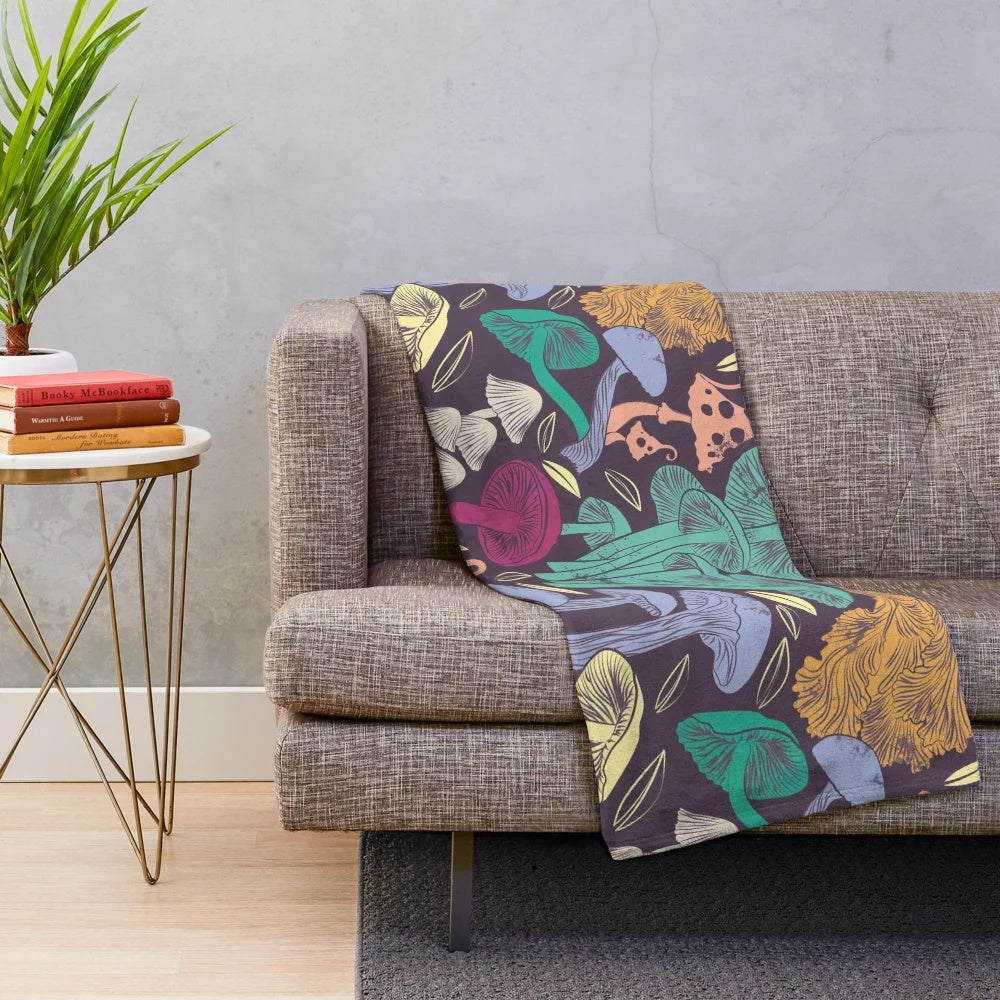 Autumn botanical plush blanket featuring poisonous mushroom illustrations