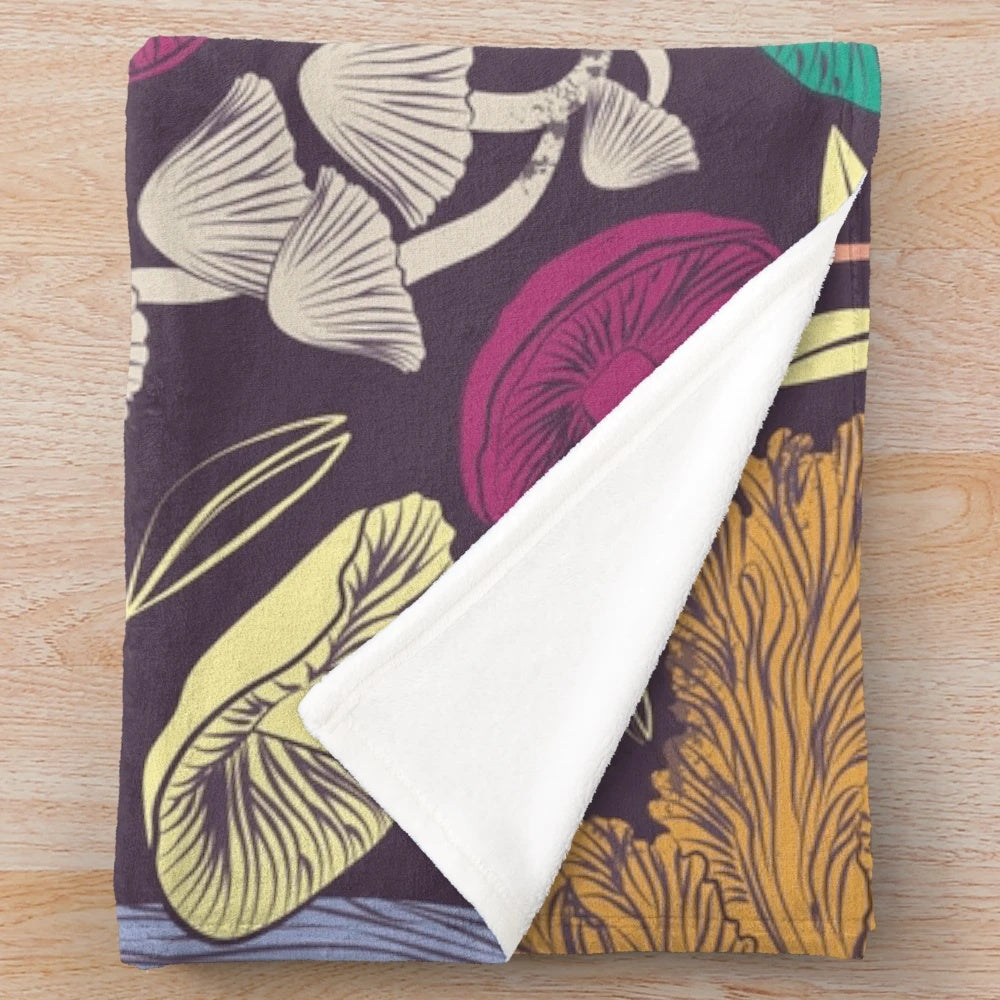 Autumn botanical plush blanket featuring poisonous mushroom illustrations