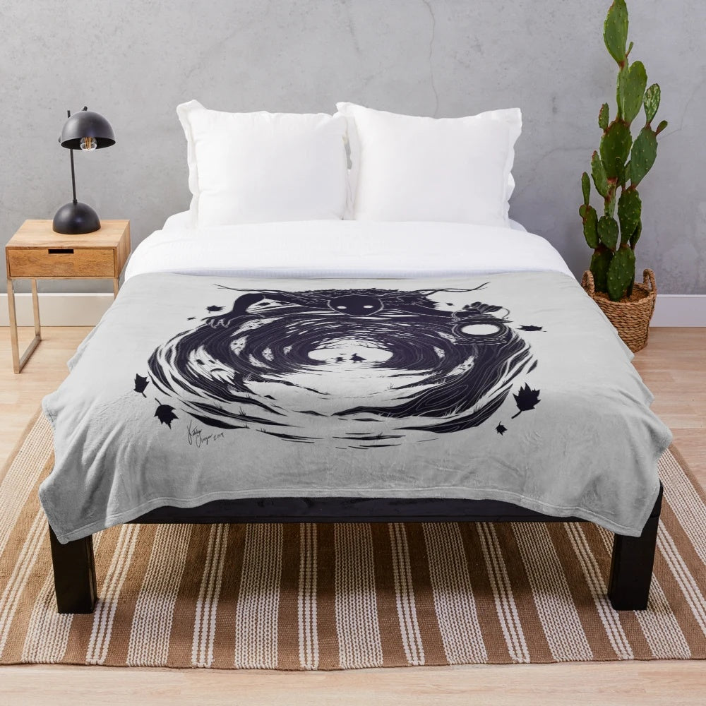 Plush blanket featuring dark, fantasy art inspired by the animated series Over the Garden Wall