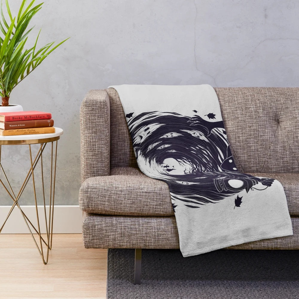 Plush blanket featuring dark, fantasy art inspired by the animated series Over the Garden Wall