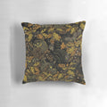 Autumn-inspired camouflage pattern pillow with leaves, acorns, owls, and forest wildlife elements.