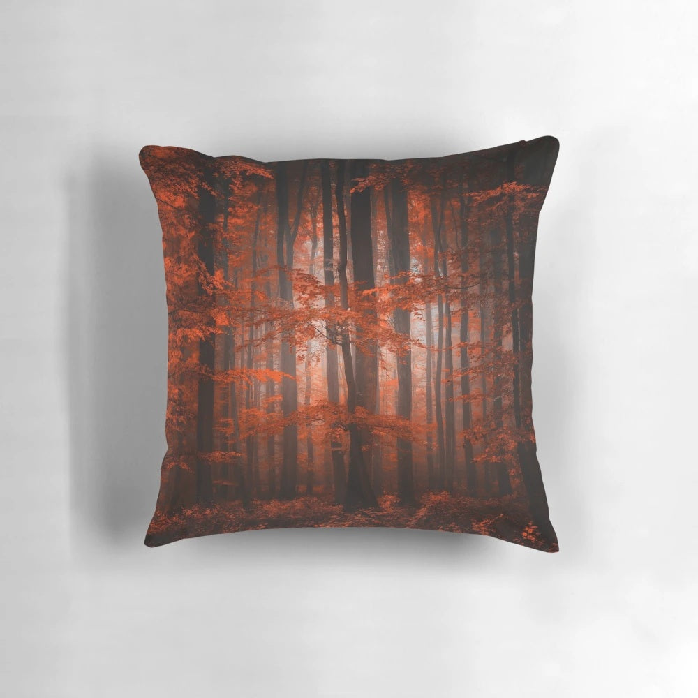 Red and orange autumn foliage in a parallel universe design on a decorative pillow