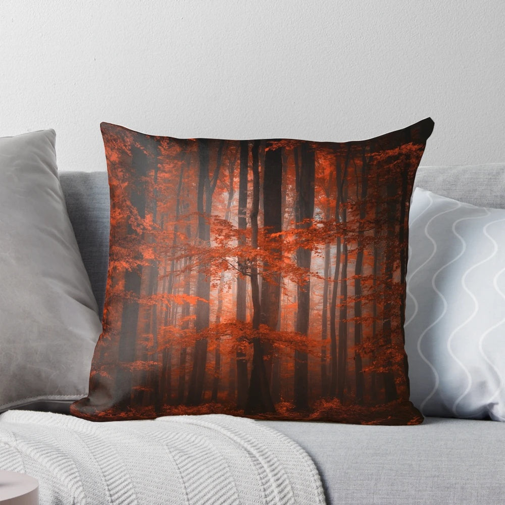 Red and orange autumn foliage in a parallel universe design on a decorative pillow
