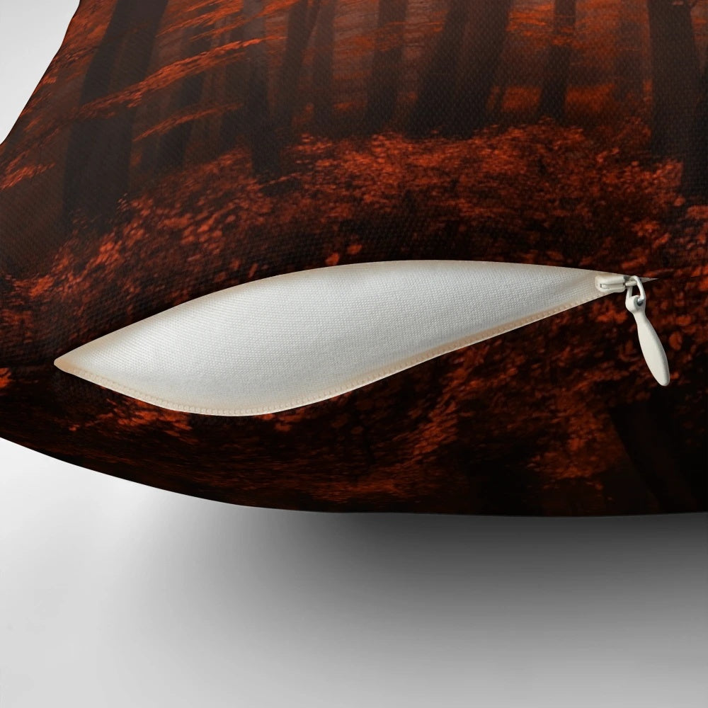 Red and orange autumn foliage in a parallel universe design on a decorative pillow