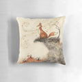 Decorative autumn pillow with a fox sitting in an orange pumpkin patch