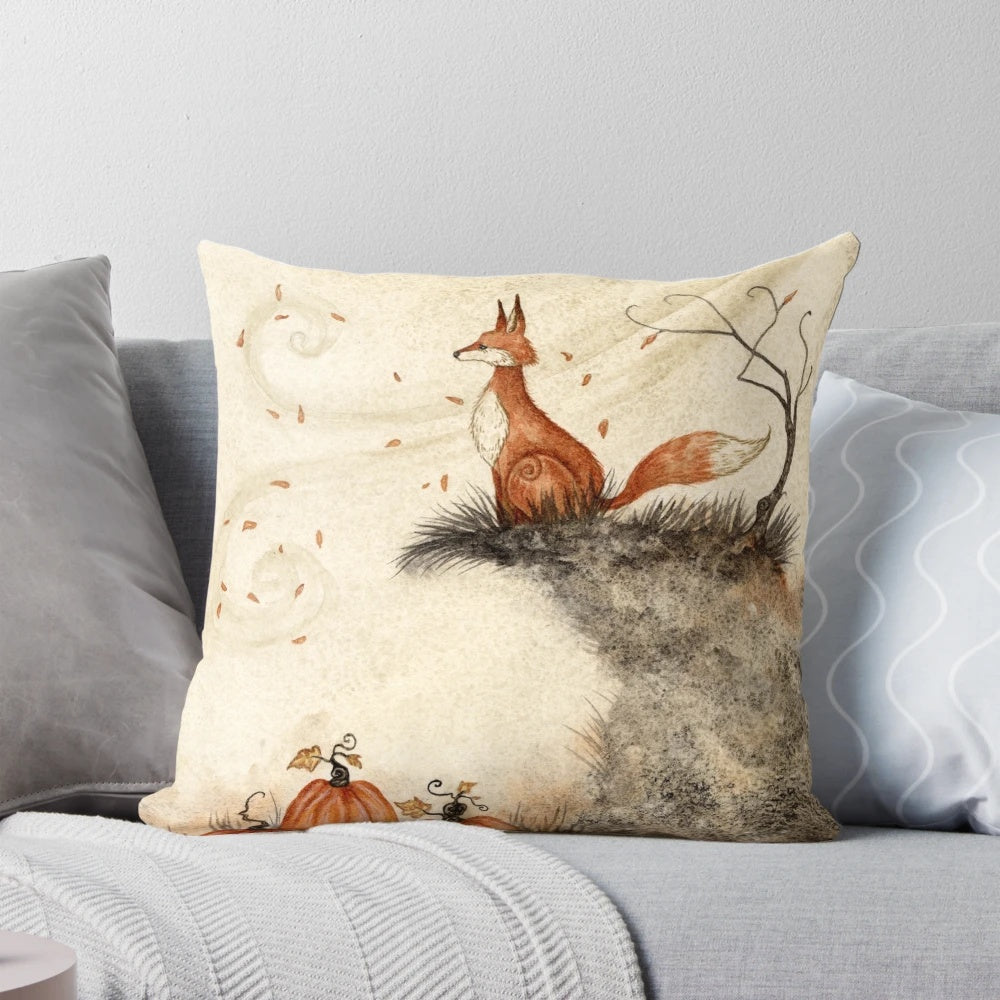 Decorative autumn pillow with a fox sitting in an orange pumpkin patch
