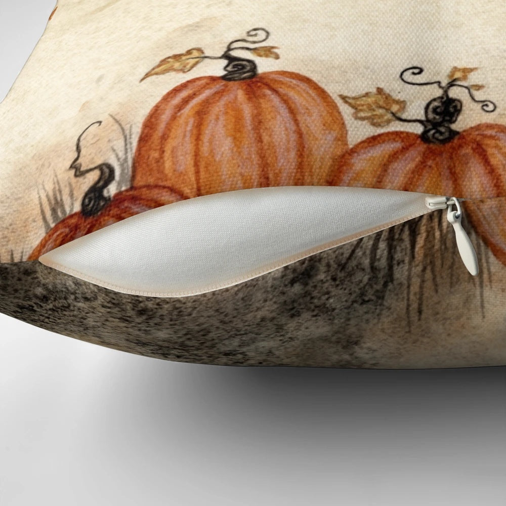 Decorative autumn pillow with a fox sitting in an orange pumpkin patch