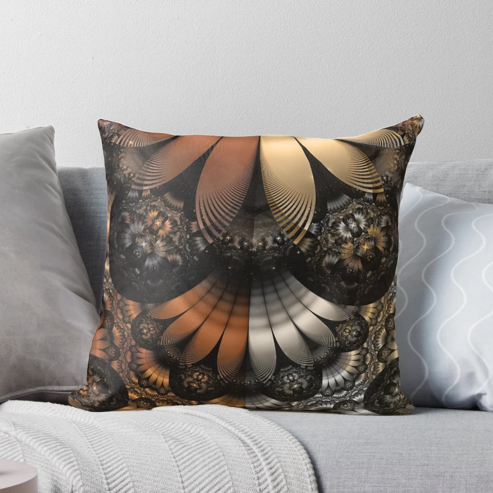 Vibrant abstract pillow with autumn-hued pheasant feather fractal design