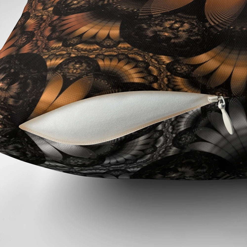 Vibrant abstract pillow with autumn-hued pheasant feather fractal design