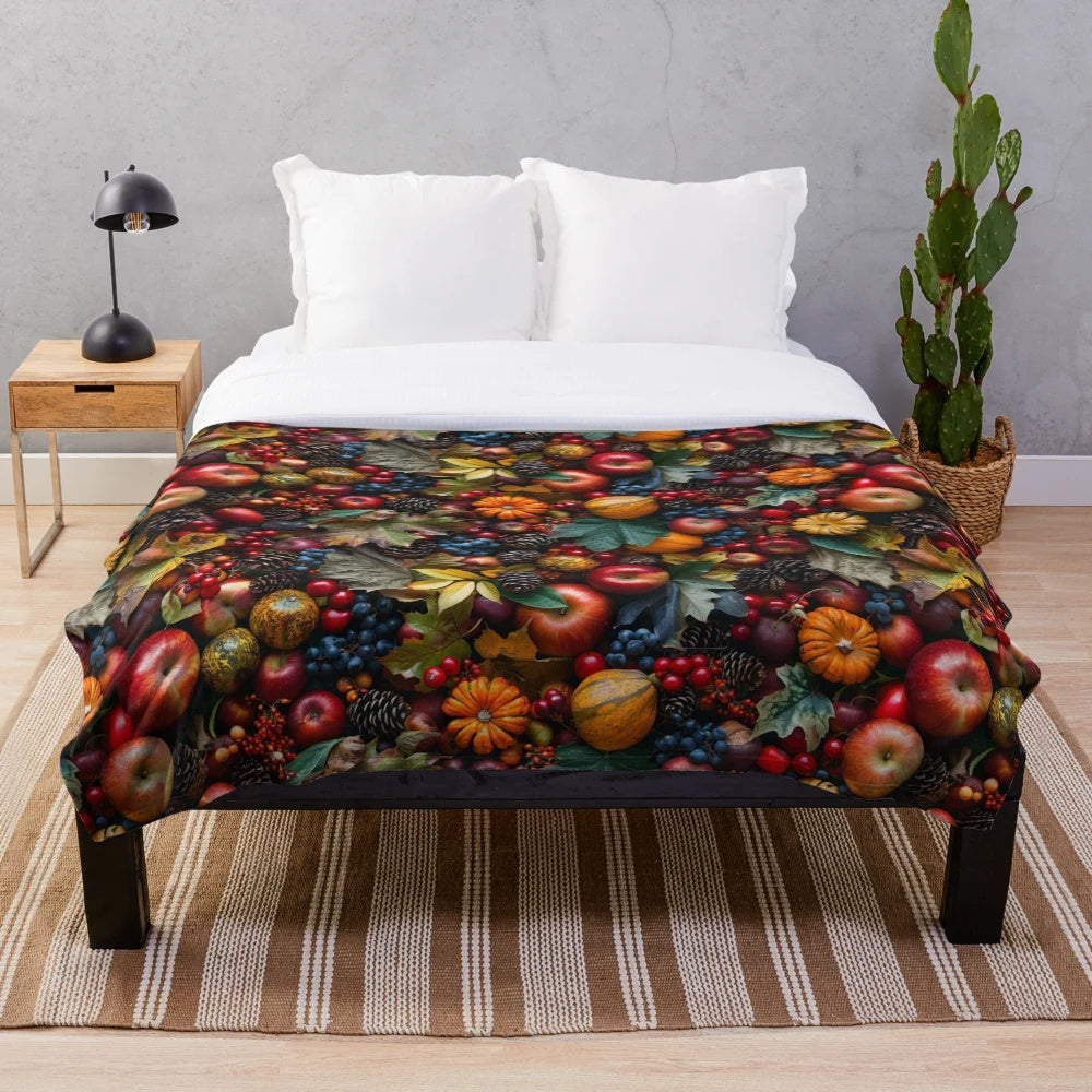 Autumn harvest plush blanket featuring seasonal fruits, pinecones, and fall foliage