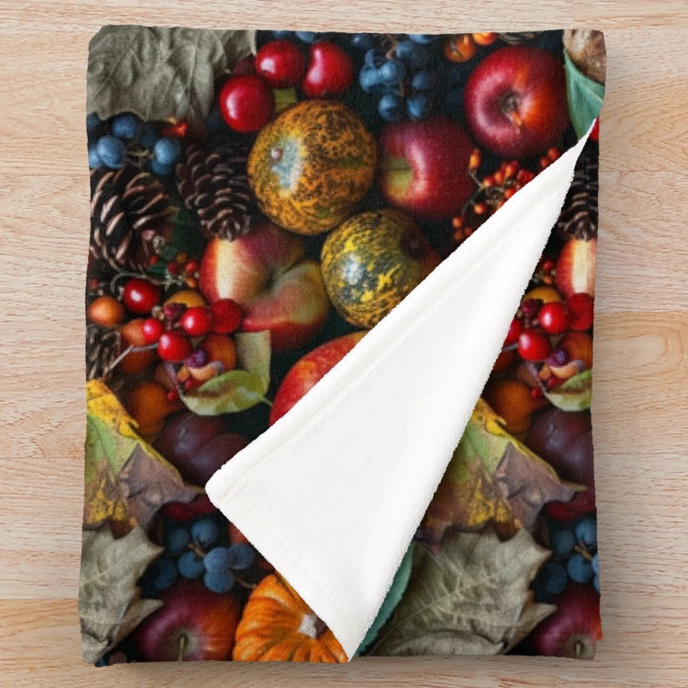 Autumn harvest plush blanket featuring seasonal fruits, pinecones, and fall foliage