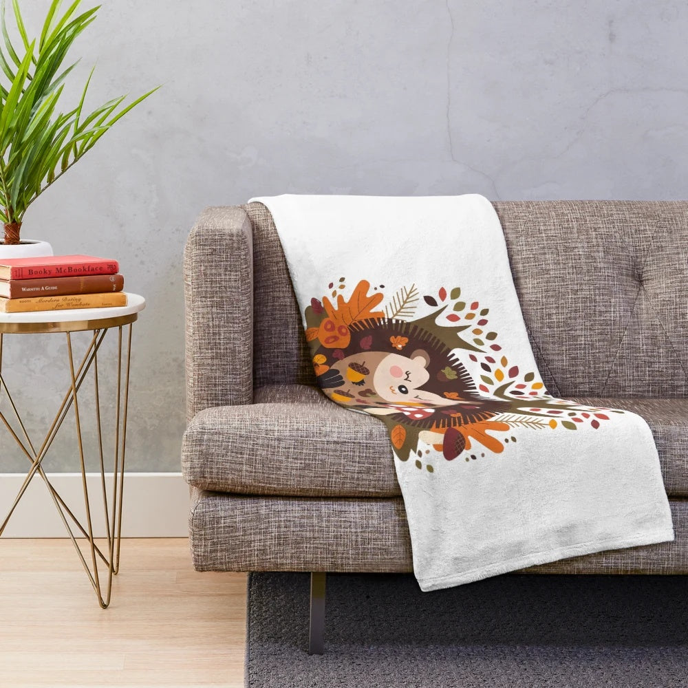 Cozy autumn-themed plush hedgehog blanket