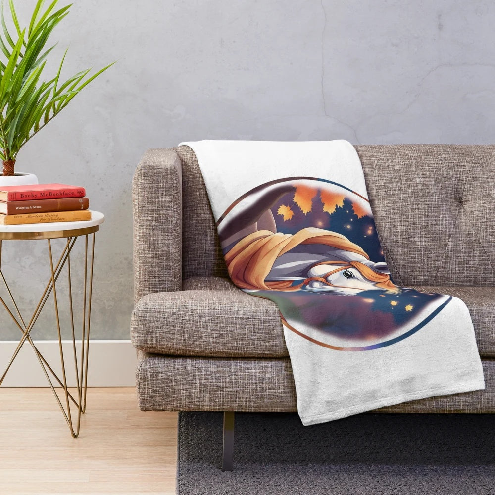 Beautiful autumn-themed plush blanket featuring a horse design against a harvest moon backdrop