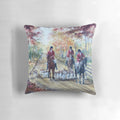 Autumn-themed decorative pillow featuring horses and hounds in a fox hunt design