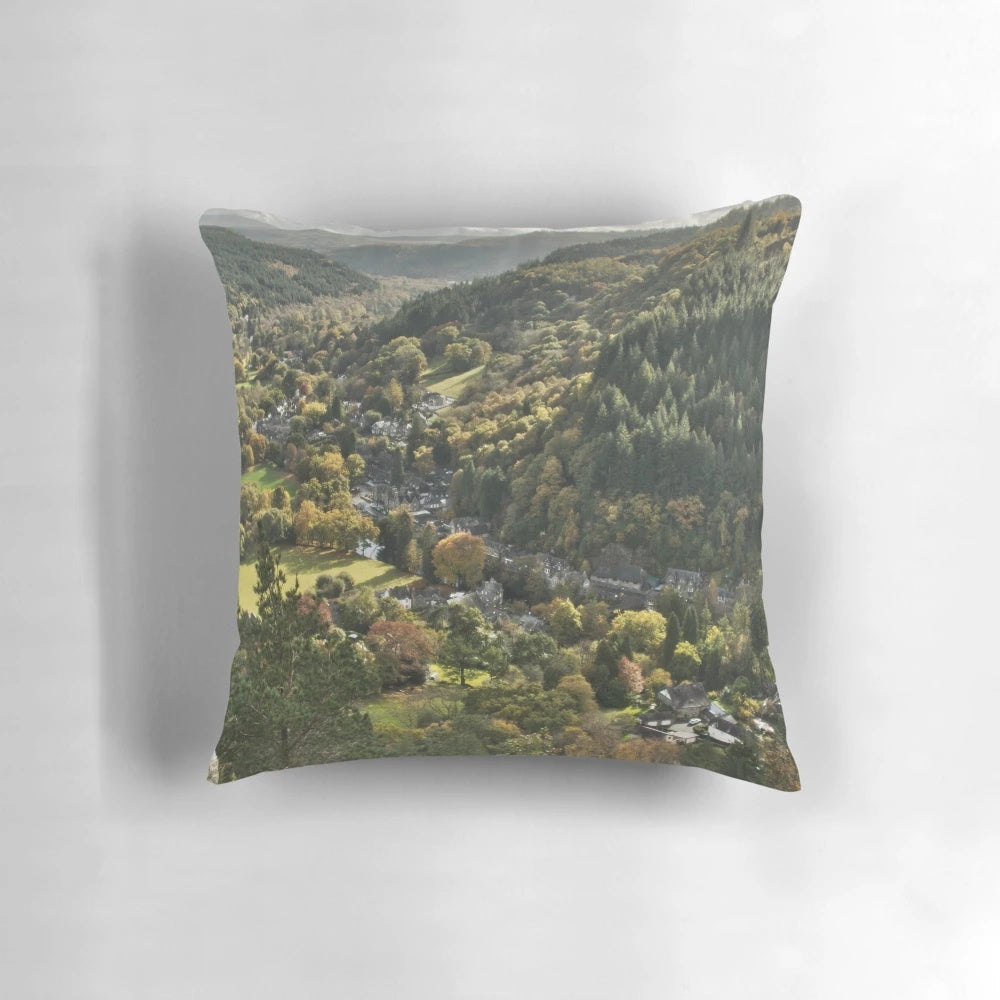 Autumnal landscape pillow featuring the picturesque village of Betws y Coed in Snowdonia, Wales