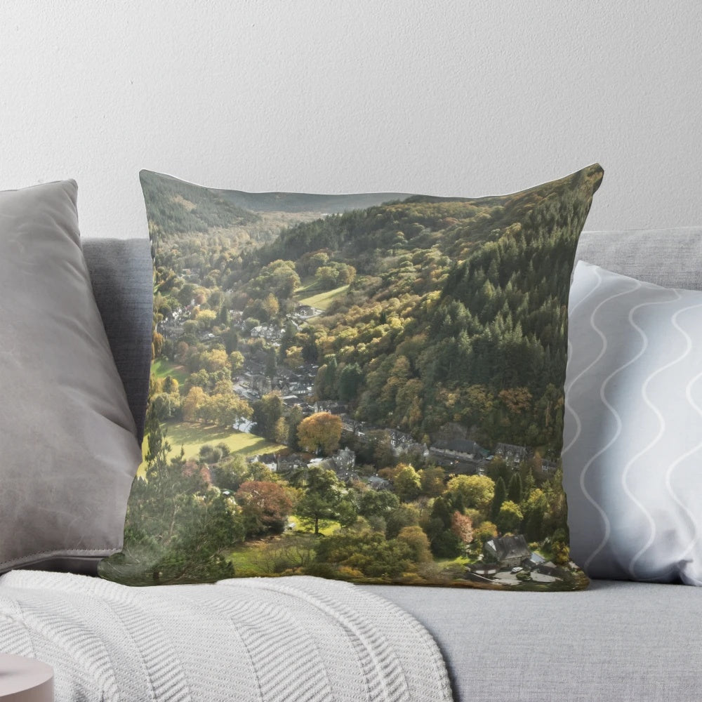 Autumnal landscape pillow featuring the picturesque village of Betws y Coed in Snowdonia, Wales