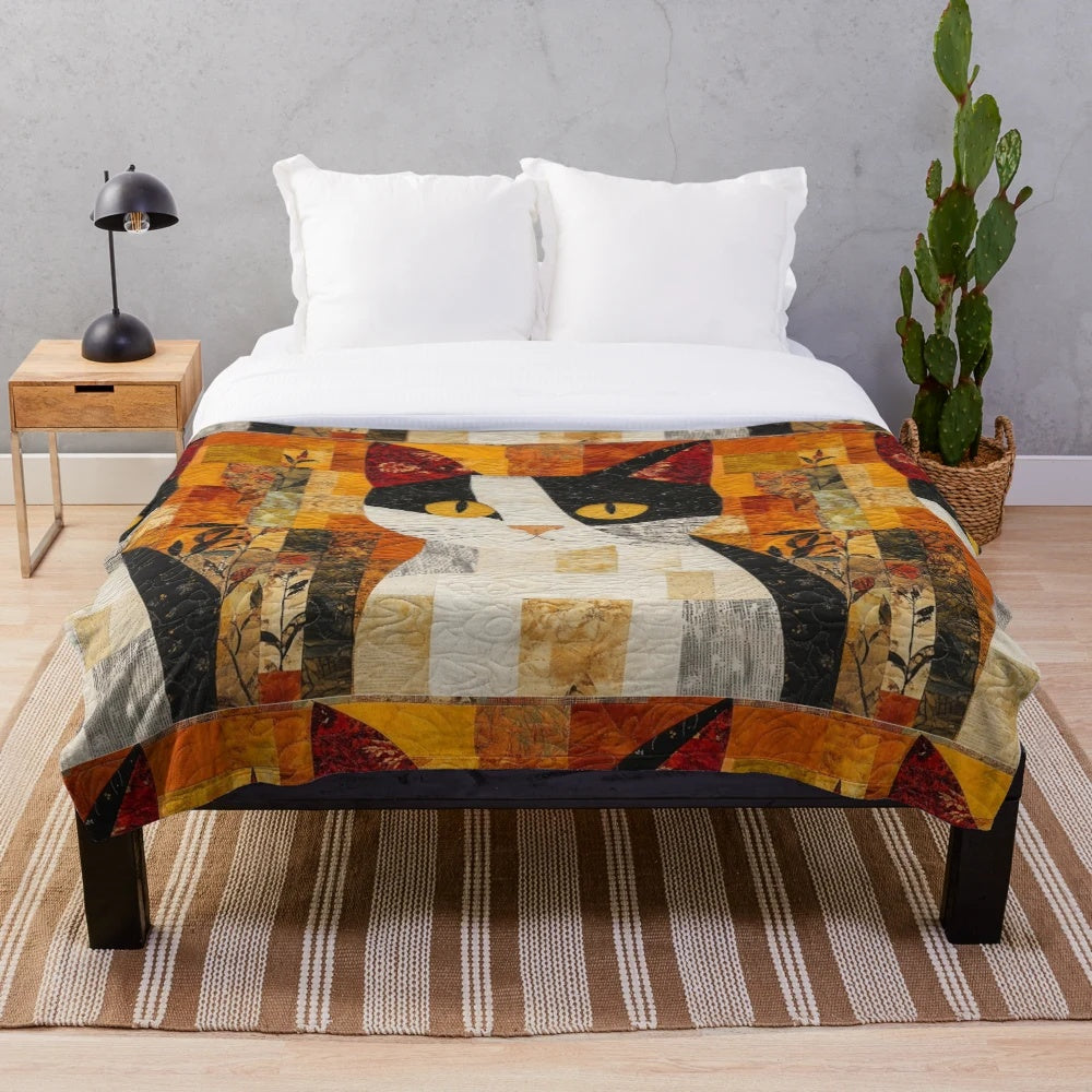 Cozy plush blanket with a whimsical cat pattern, perfect for fall