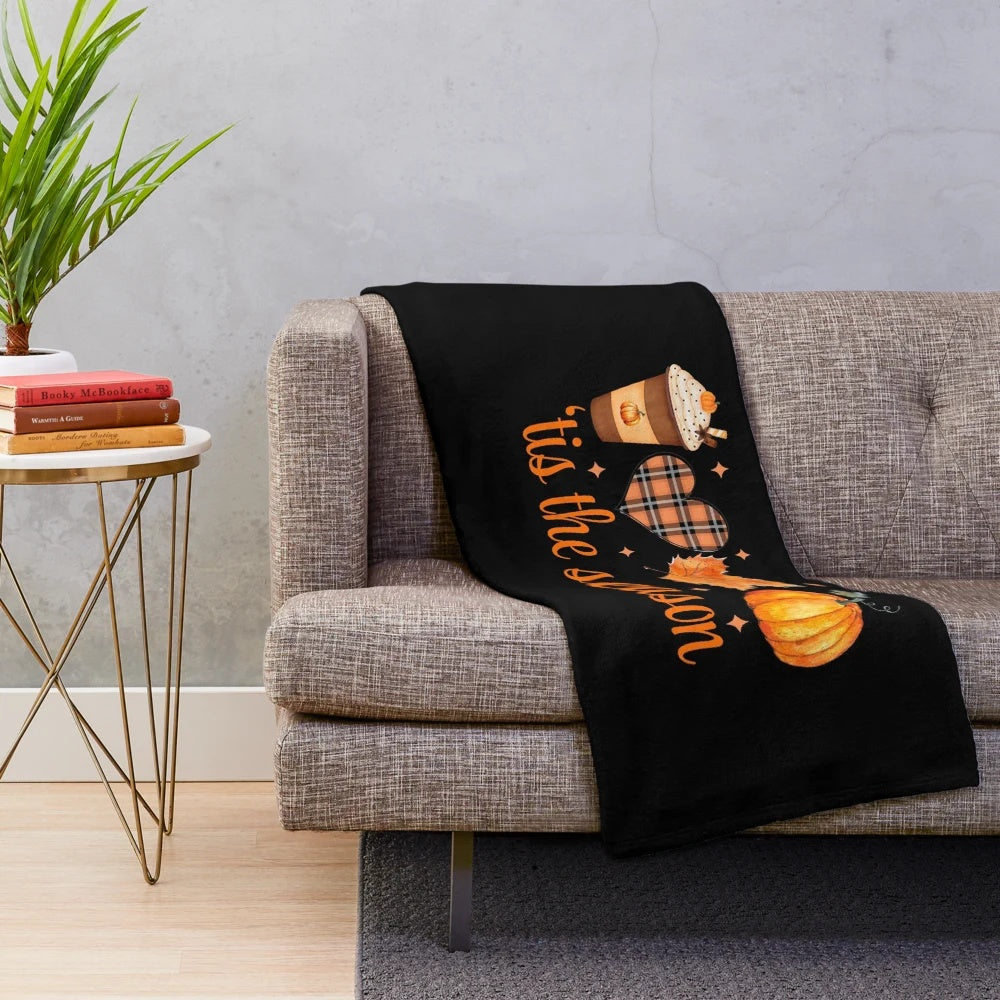 Pumpkin Spice Latte Flannel Plush Blanket with Colorful Autumn Leaves