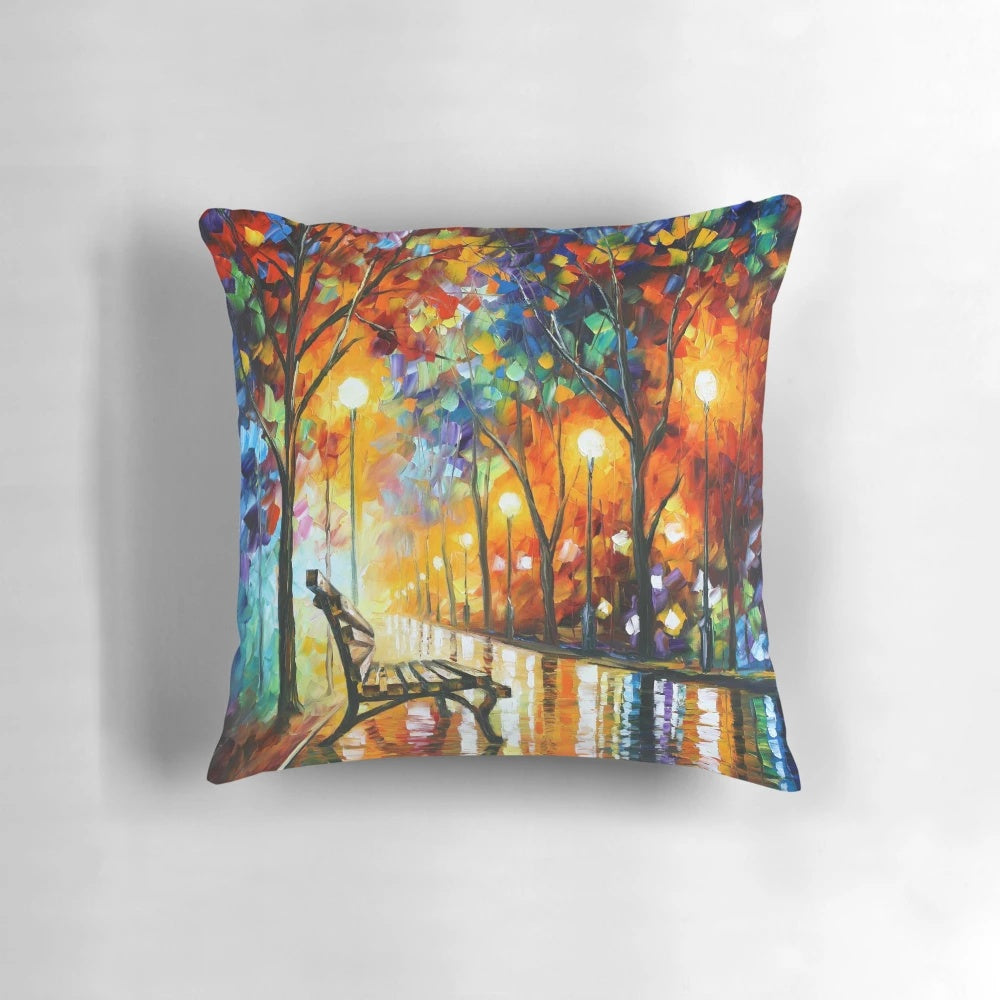 Autumn landscape pillow featuring a colorful forest scene with trees, fog, and sunlight