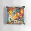 Autumn landscape pillow featuring a colorful forest scene with trees, fog, and sunlight