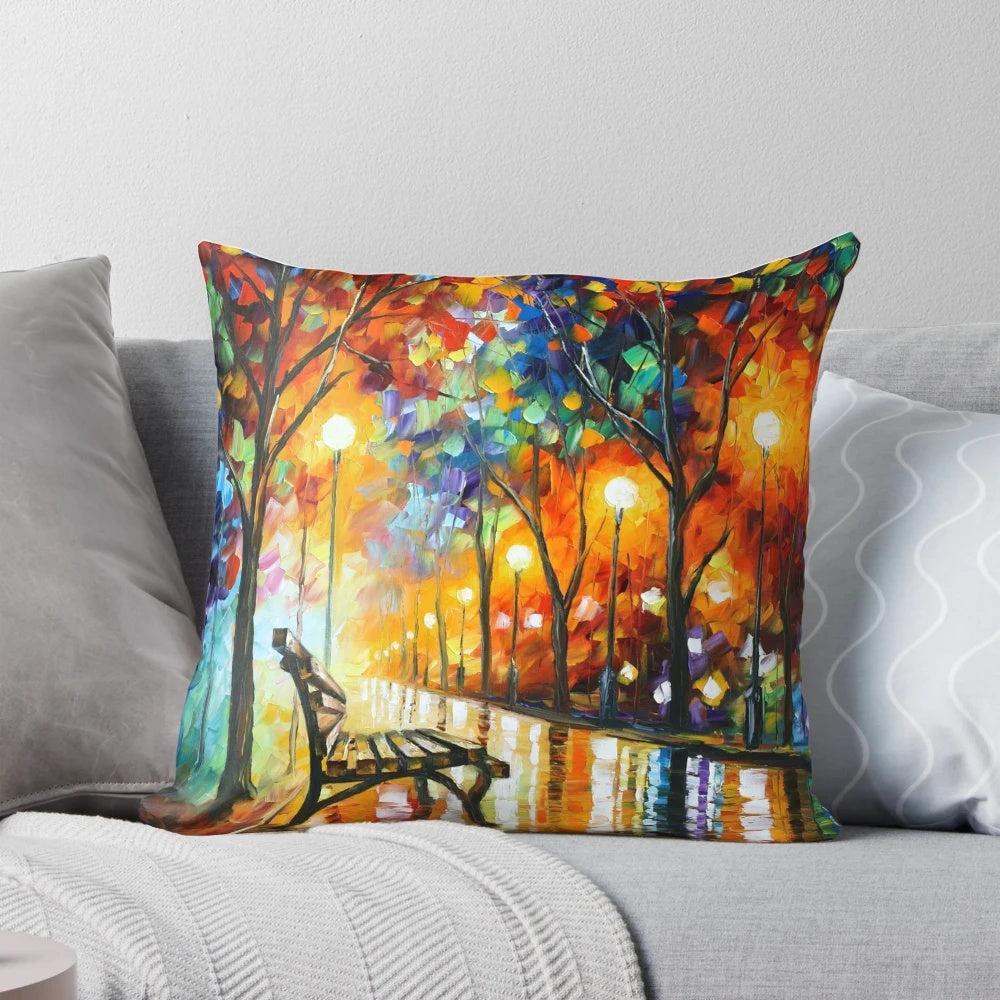 Autumn landscape pillow featuring a colorful forest scene with trees, fog, and sunlight