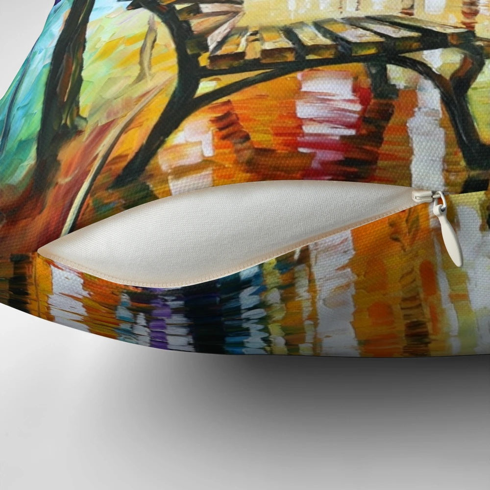 Autumn landscape pillow featuring a colorful forest scene with trees, fog, and sunlight