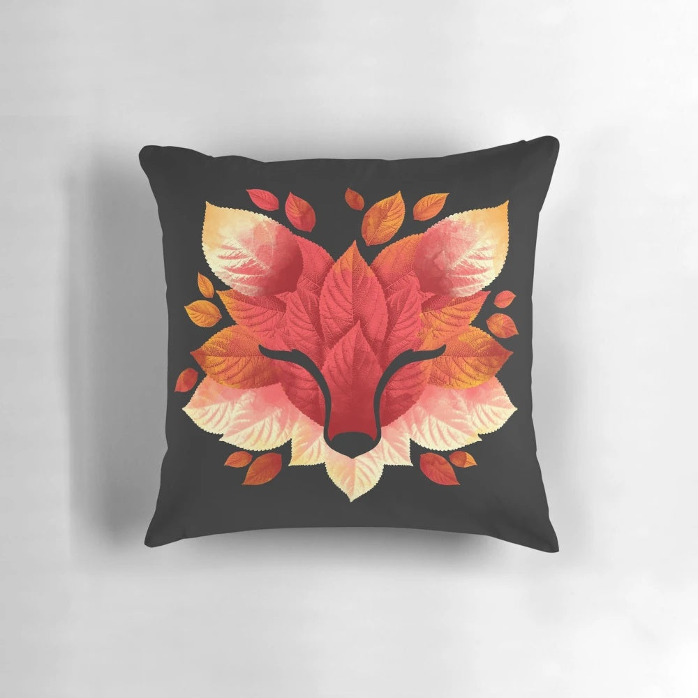 Autumn leaves and fox collage design on a decorative throw pillow