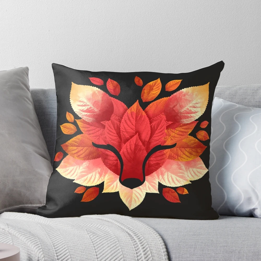 Autumn leaves and fox collage design on a decorative throw pillow