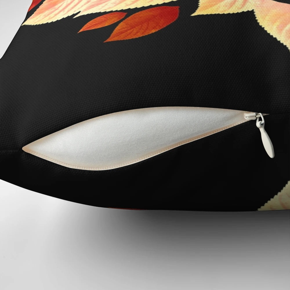 Autumn leaves and fox collage design on a decorative throw pillow