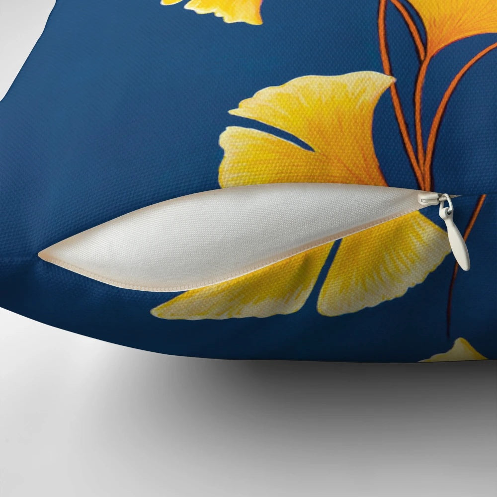 Autumn Melody Pillow featuring a nature-inspired design with leaves in yellow, blue, and green hues