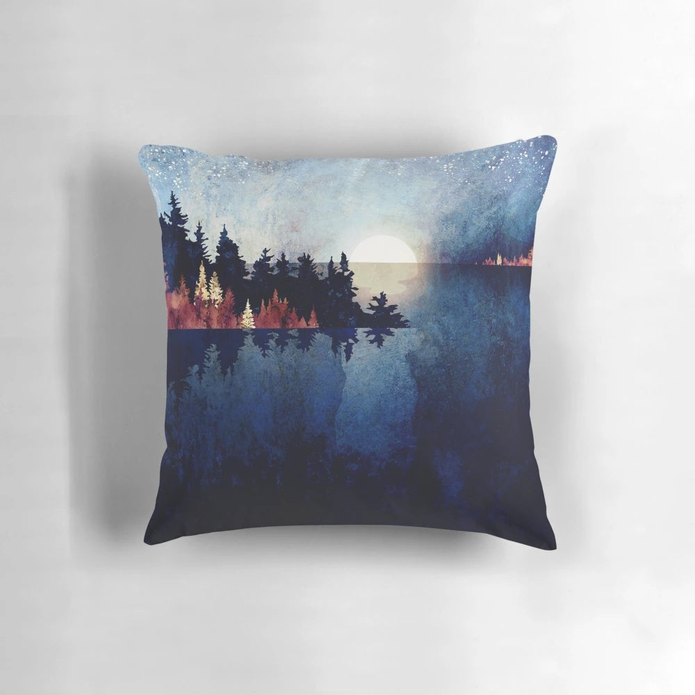 Autumn moon reflection pillow with abstract indigo and nature landscape design