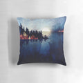 Autumn moon reflection pillow with abstract indigo and nature landscape design