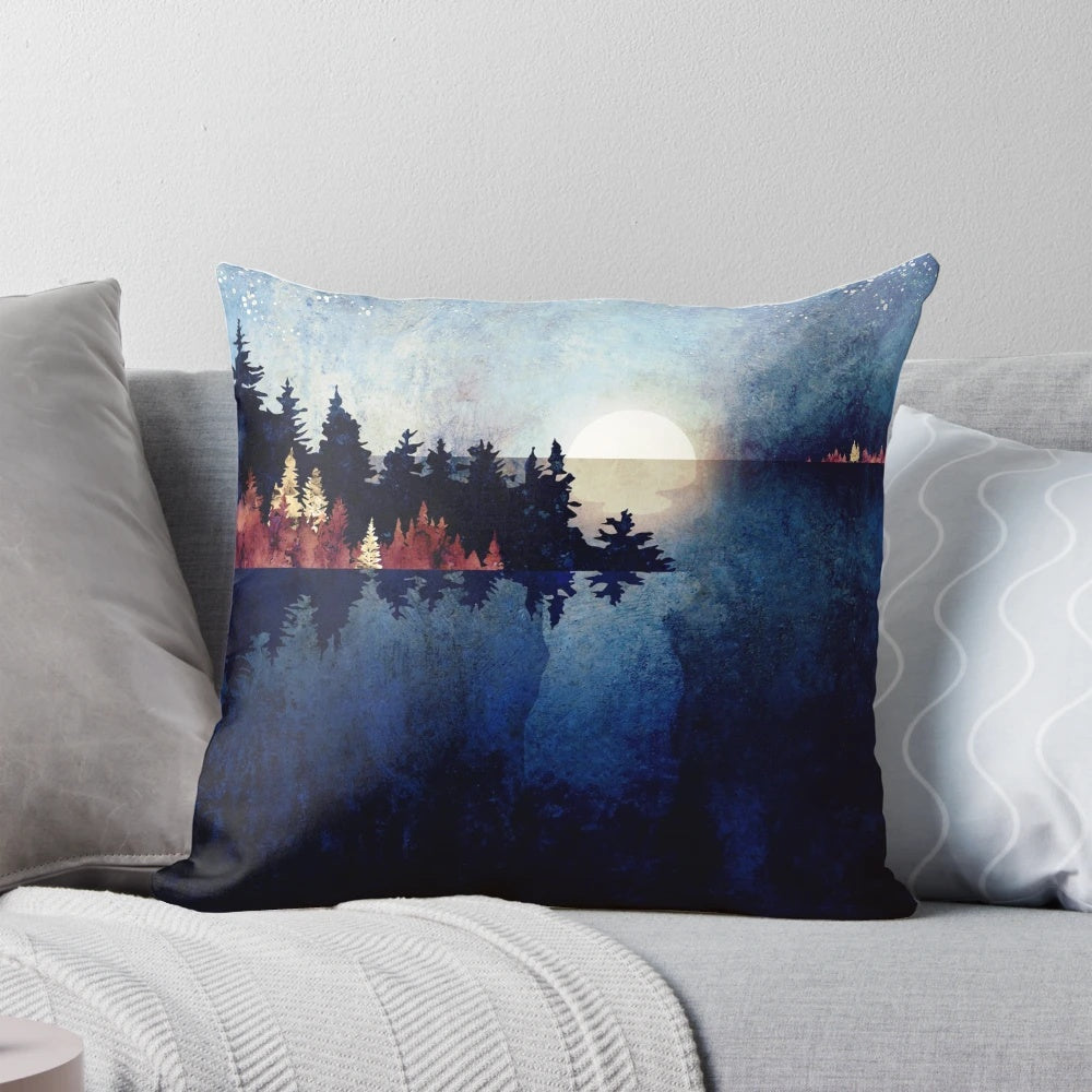 Autumn moon reflection pillow with abstract indigo and nature landscape design