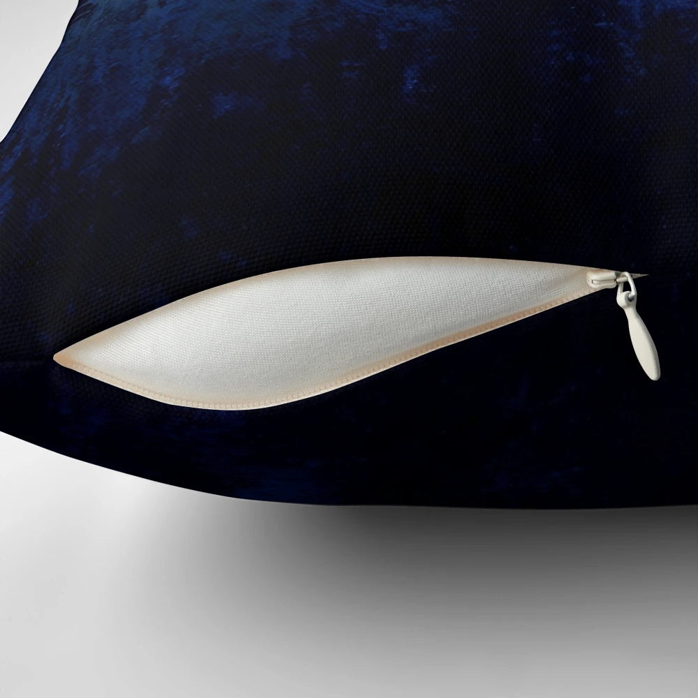 Autumn moon reflection pillow with abstract indigo and nature landscape design