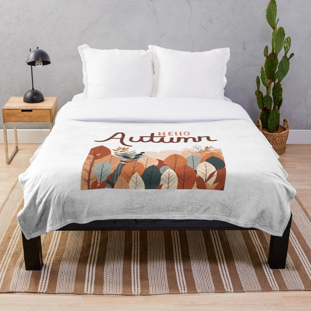 Autumn nature themed plush blanket with minimalist leaf pattern design