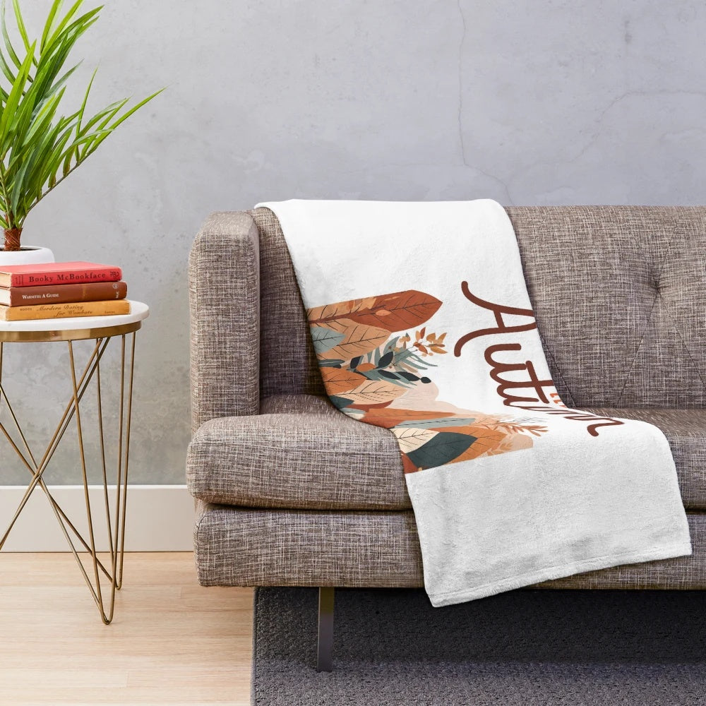 Autumn nature themed plush blanket with minimalist leaf pattern design