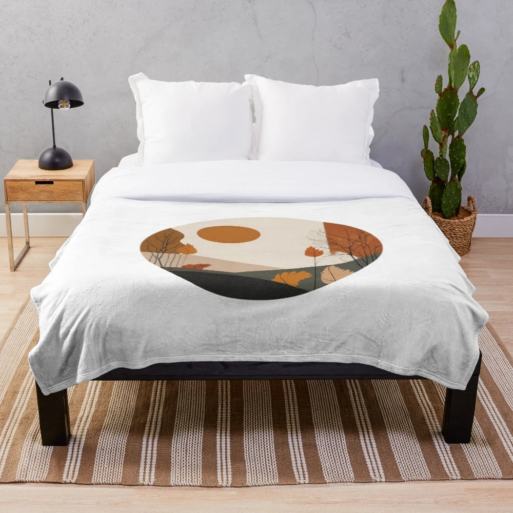 Autumn nature inspired plush blanket with minimalist floral design