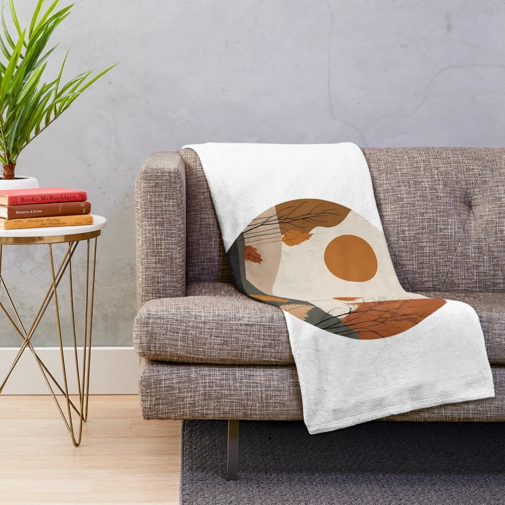 Autumn nature inspired plush blanket with minimalist floral design