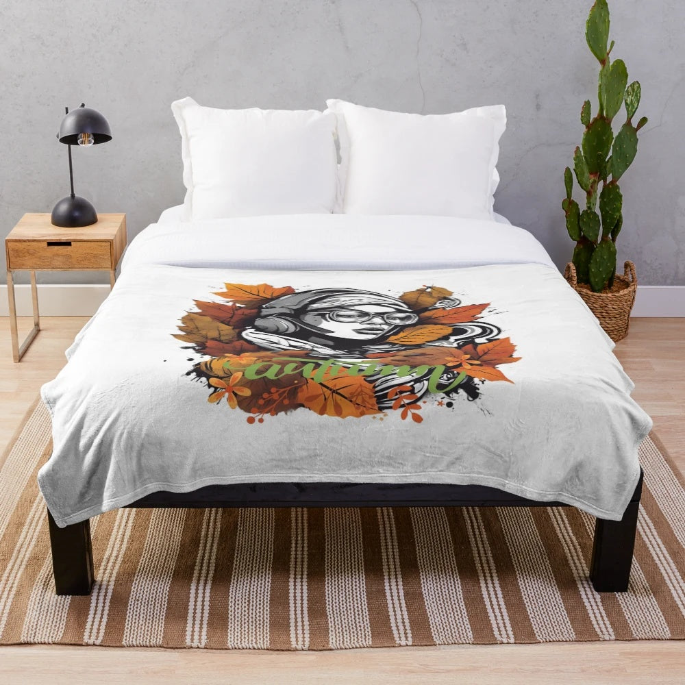Cozy autumn-themed plush blanket with urban street art design