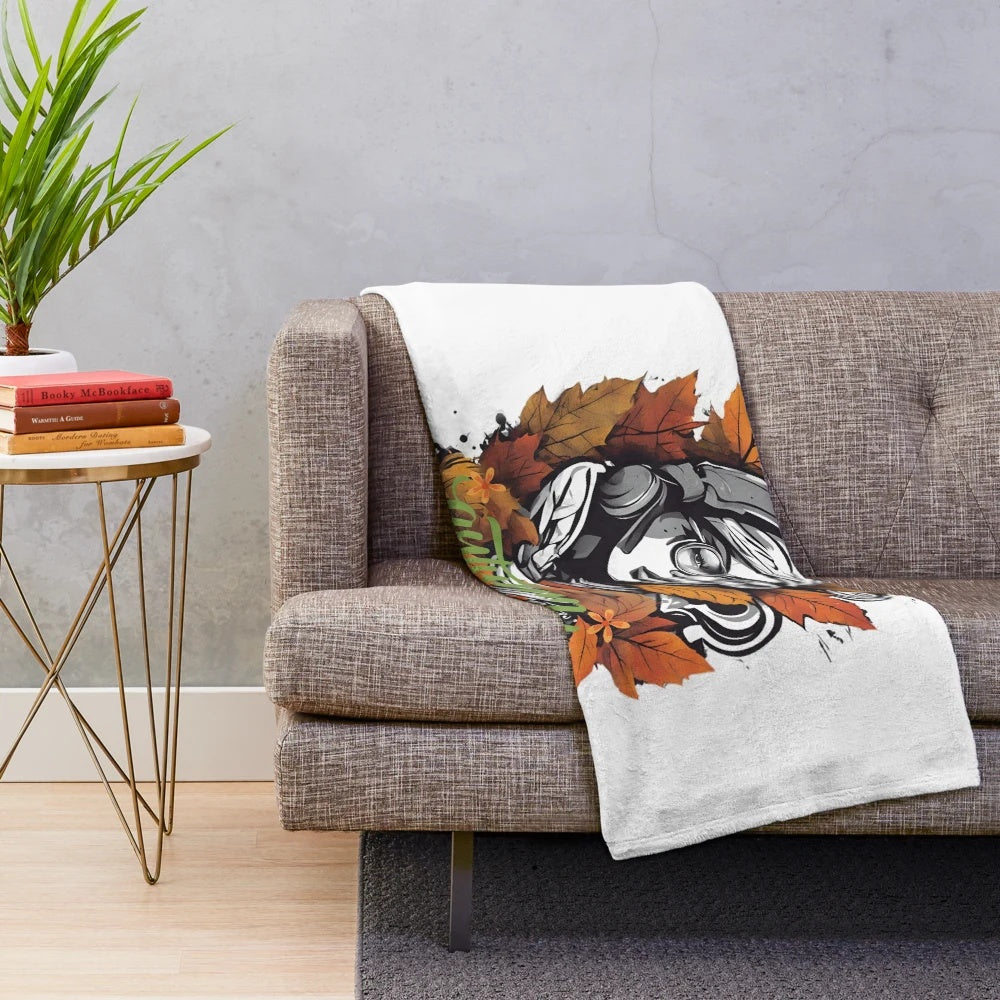 Cozy autumn-themed plush blanket with urban street art design