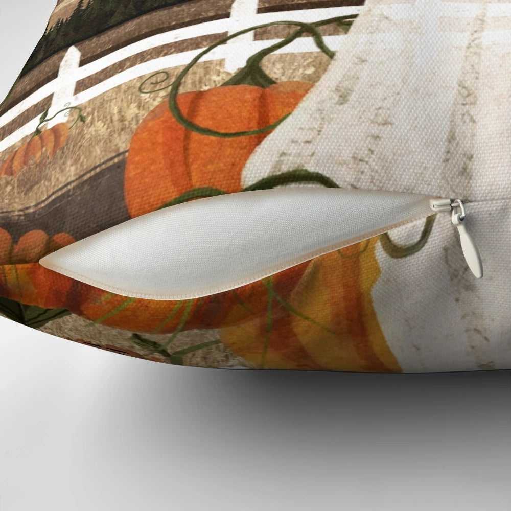 A vintage-inspired throw pillow featuring a ghostly figure in a pumpkin patch landscape.