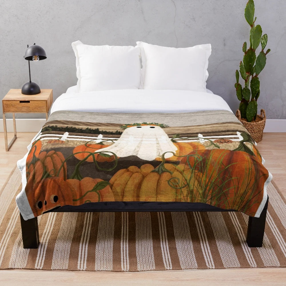 Autumn pumpkin plush blanket with haunted folk art ghost design