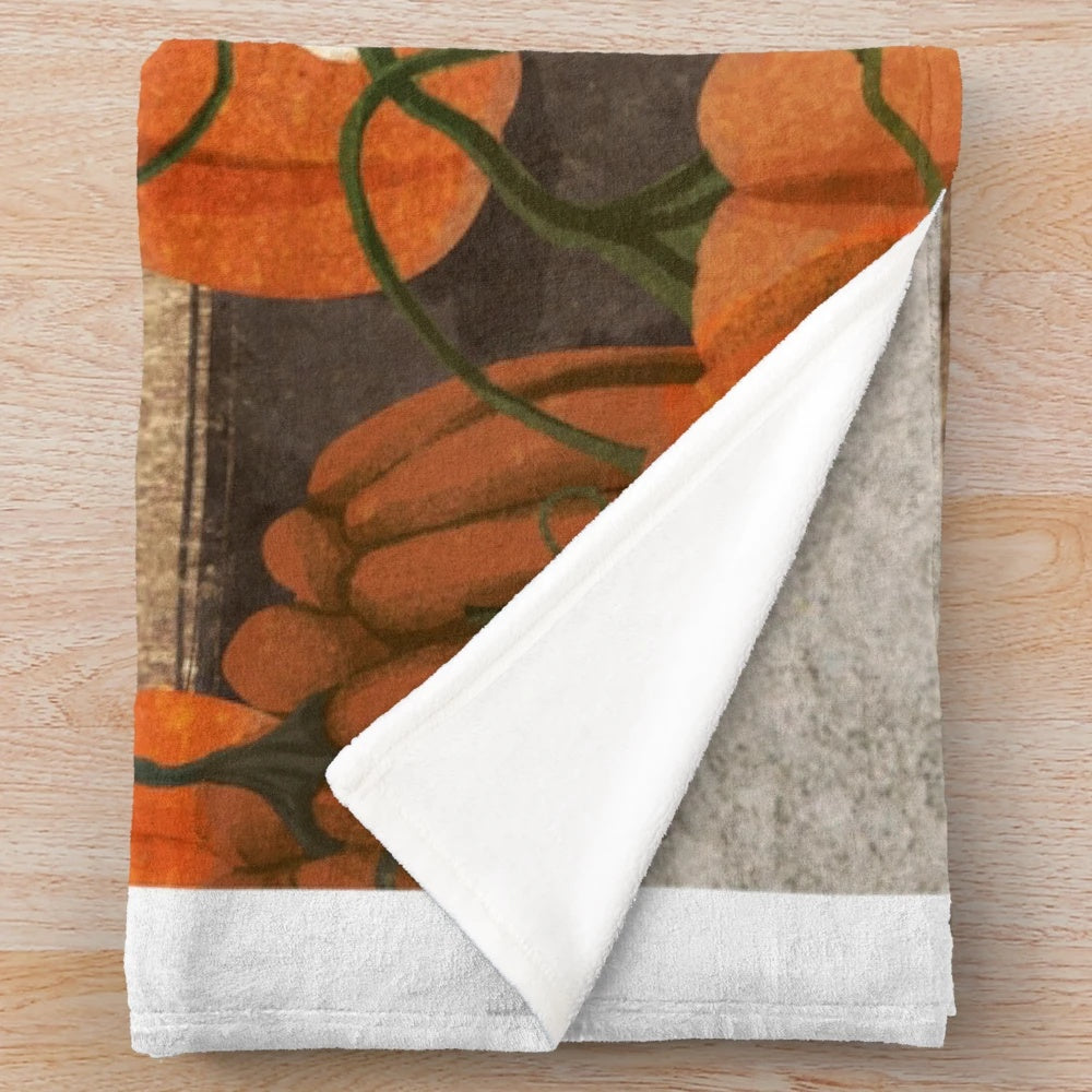 Autumn pumpkin plush blanket with haunted folk art ghost design